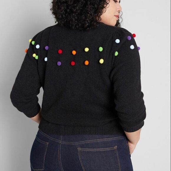 NEVER WORN Black ModCloth cardigan with colourful pom poms - Picture 2 of 8